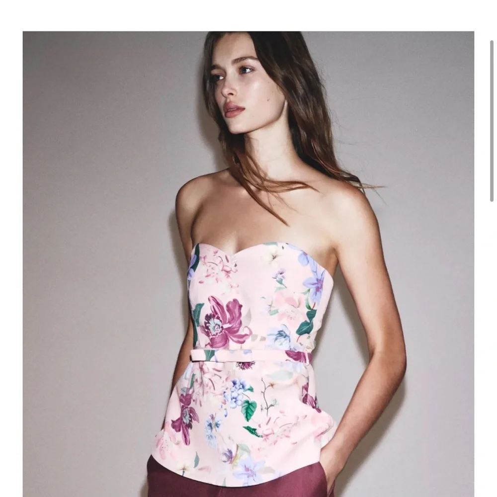 Zara Floral Sweetheart Corset Top Belted Bardot Pink NWT XS - Picture 4 of 10